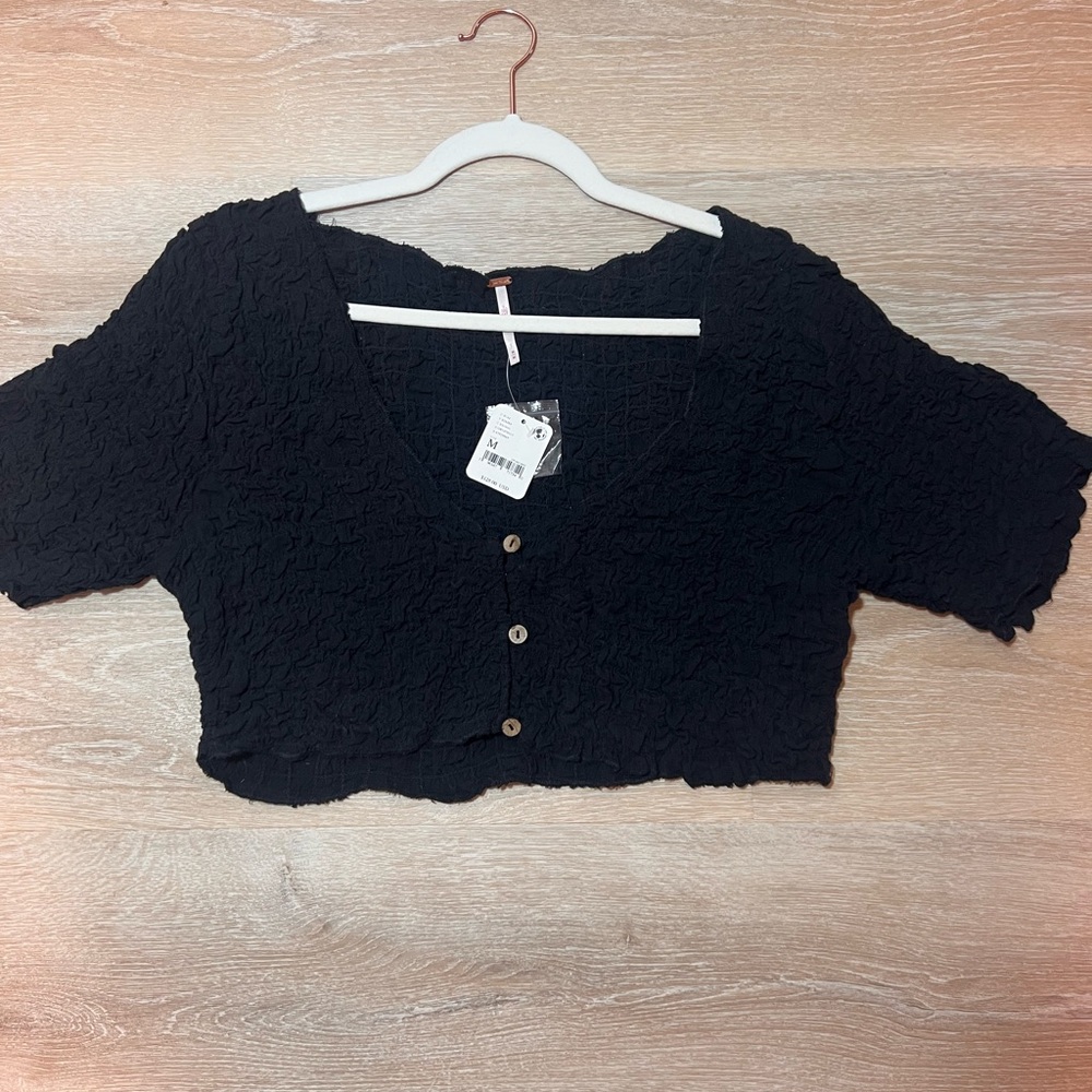 New Free People Black Textured Women's Crop Top Smocked